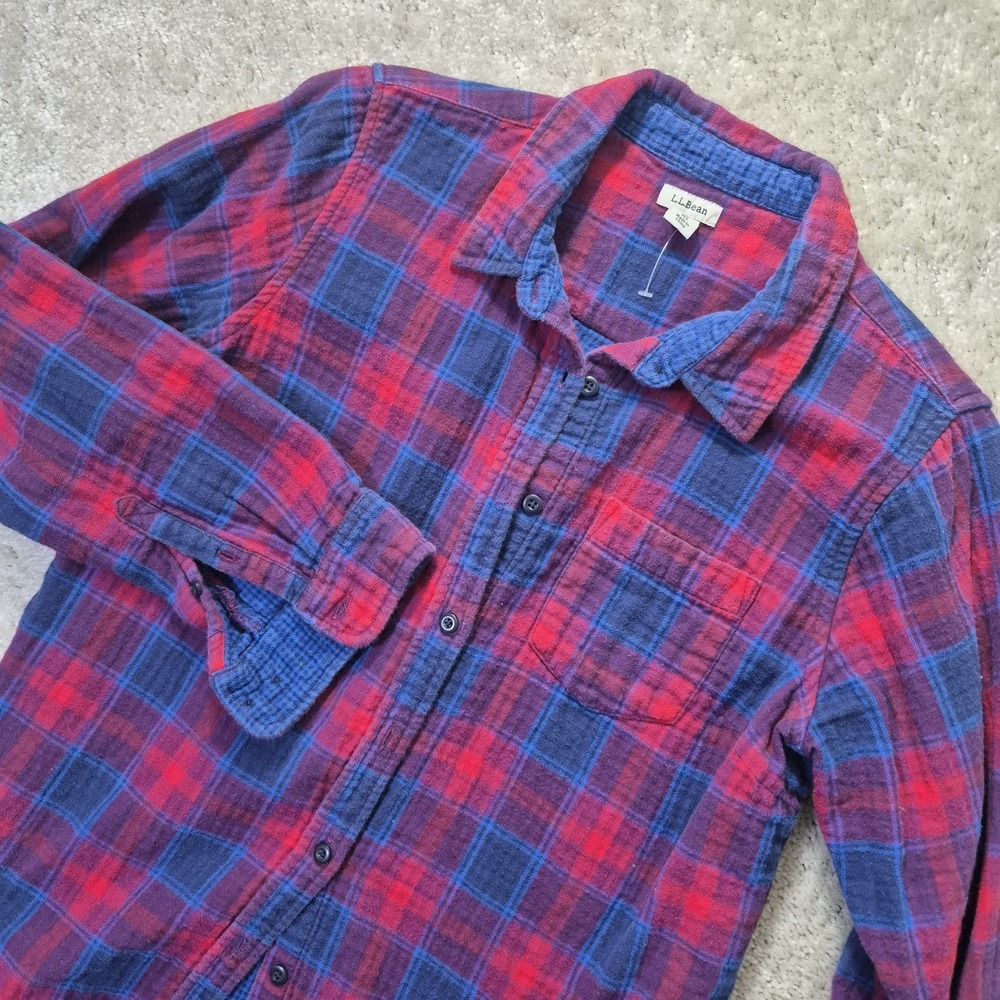 LL Bean Womens Flannel Shirt Medium Red Jewel Double Knit Button Up Outdoor Work - Picture 3 of 11